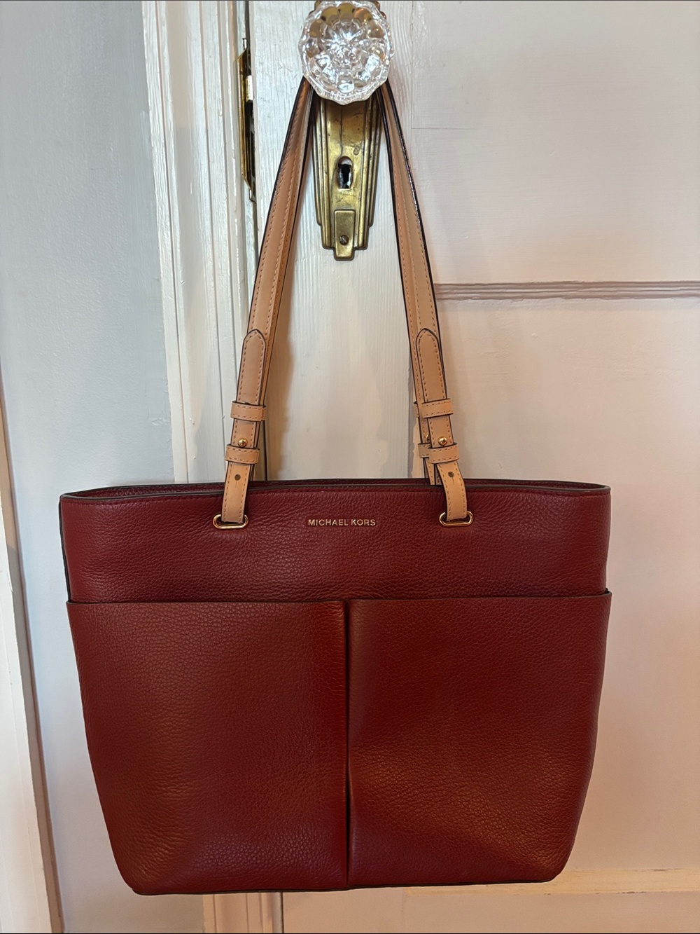 Michael Kors Burgundy Pebble Leather Tote with Beige Straps